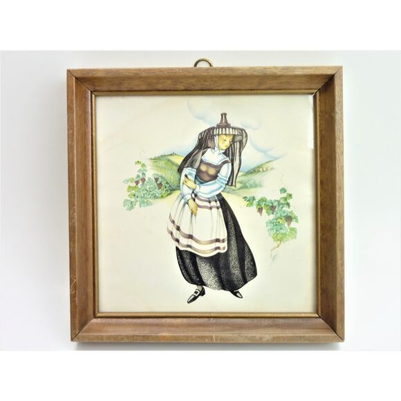 Vintage Framed Girl in Gape Field Print Winery Decor - Picture 2 of 7